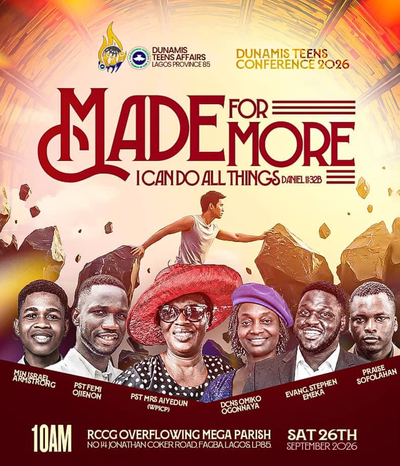 Dunamis Teens Conference 2026 flyer: Made for More, Saturday 26 September 2026 at RCCG Overflowing Mega Parish
